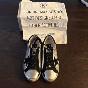 Golden Goose Metallic Silver and Black Star Sneakers